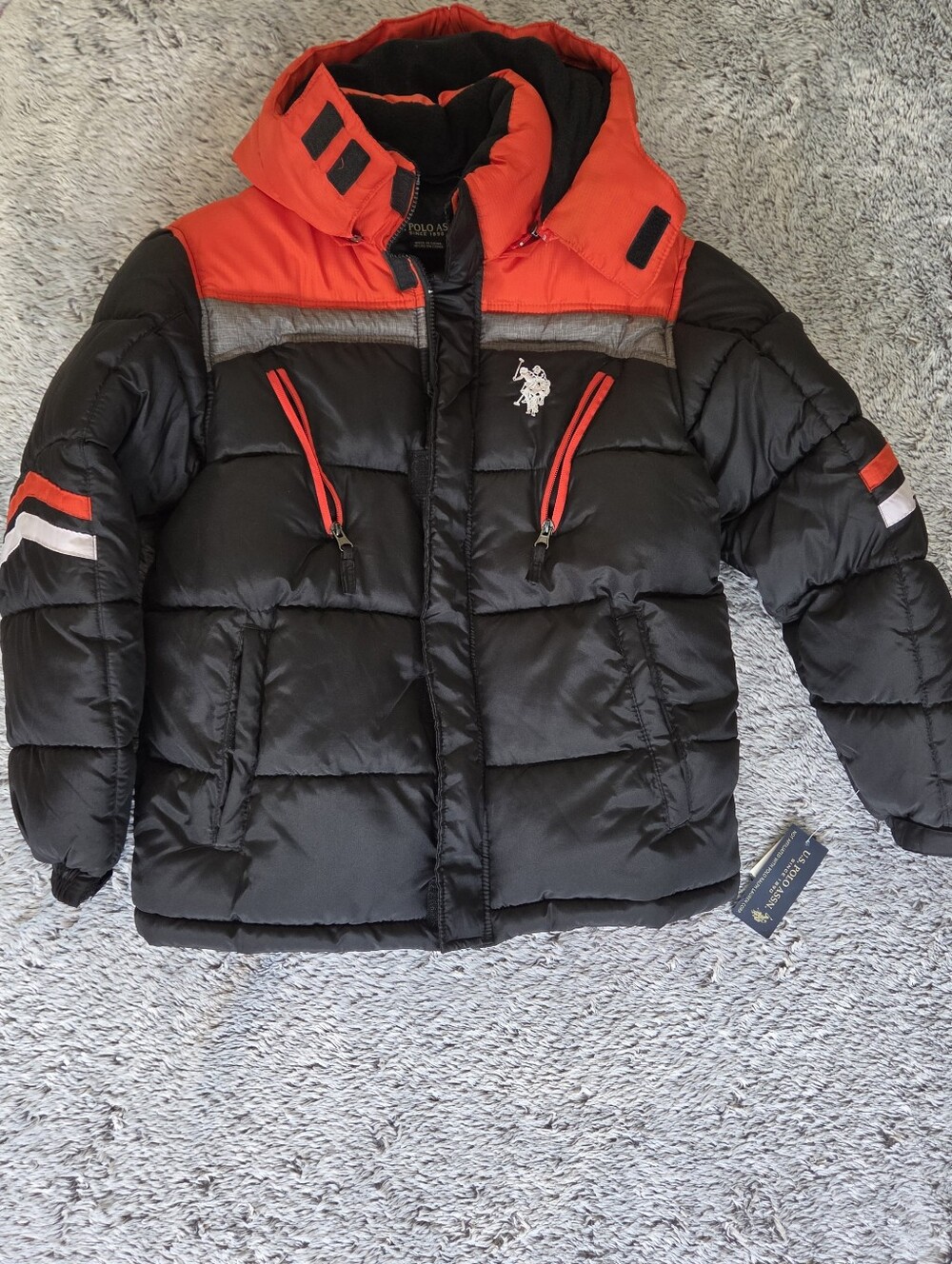 U.S. Polo Assn. Black & Orange Removable Hooded Puffer Jacket for Kids Sz 14/16
